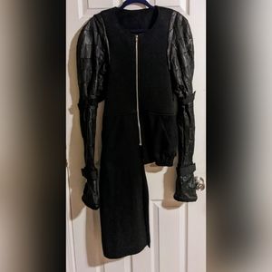 Black Leather Wool Jacket S/M Puff Sleeve Asymmetrical One-of-a-kind Rare